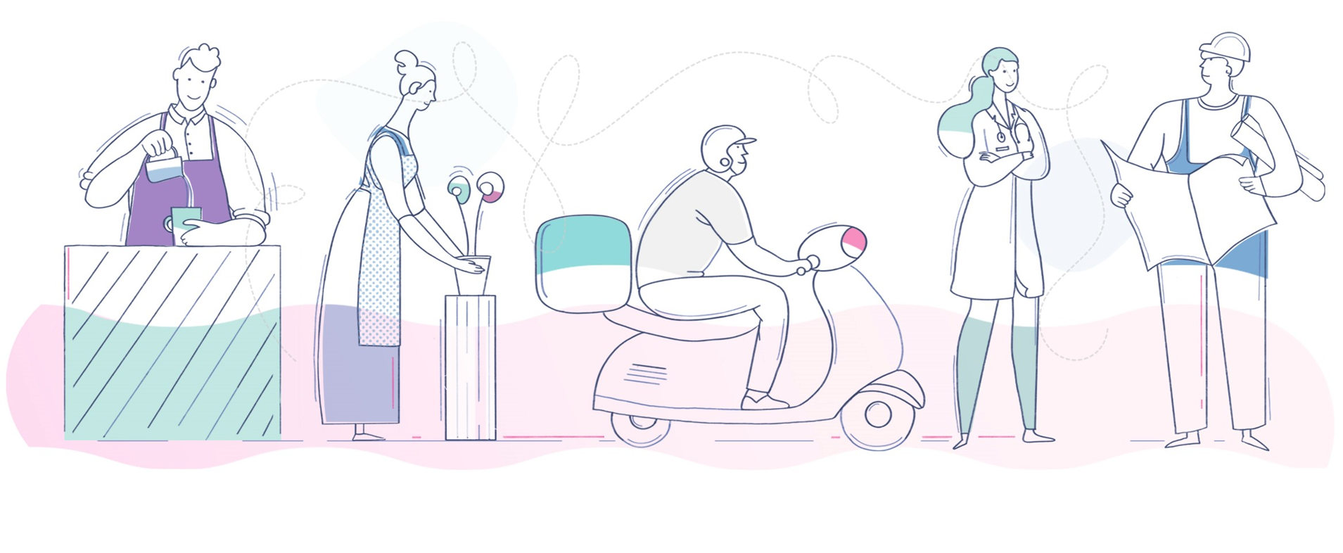 Powering Up Your Workforce with Personalized HR Solutions “Illustration of diverse workers including a barista, florist, delivery rider, healthcare professional, and construction worker, representing the workforce supported by tailored HR solutions