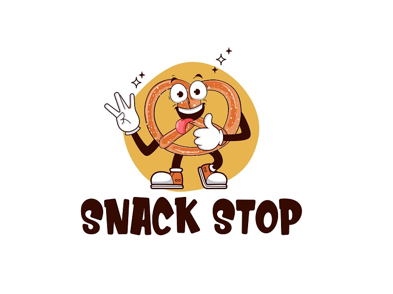 Snack Stop logo featuring a smiling pretzel character