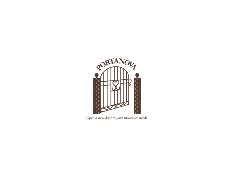 Portanova Insurance Services logo featuring a wrought-iron gate with brick pillars and the tagline "Open a new door to your insurance needs."